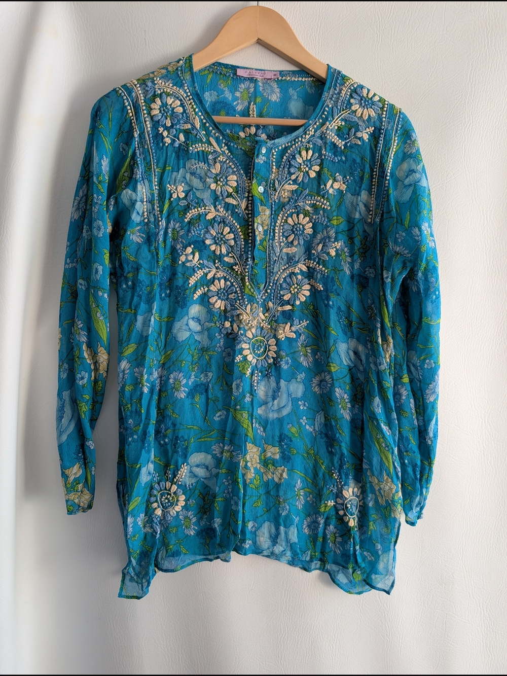 Calypso St Barth Sheer Silk Blue Embroidered Floral Tunic Top Long Sleeves - M